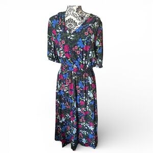 Draper James Black Midi Dress with Pink & Blue Floral Print
